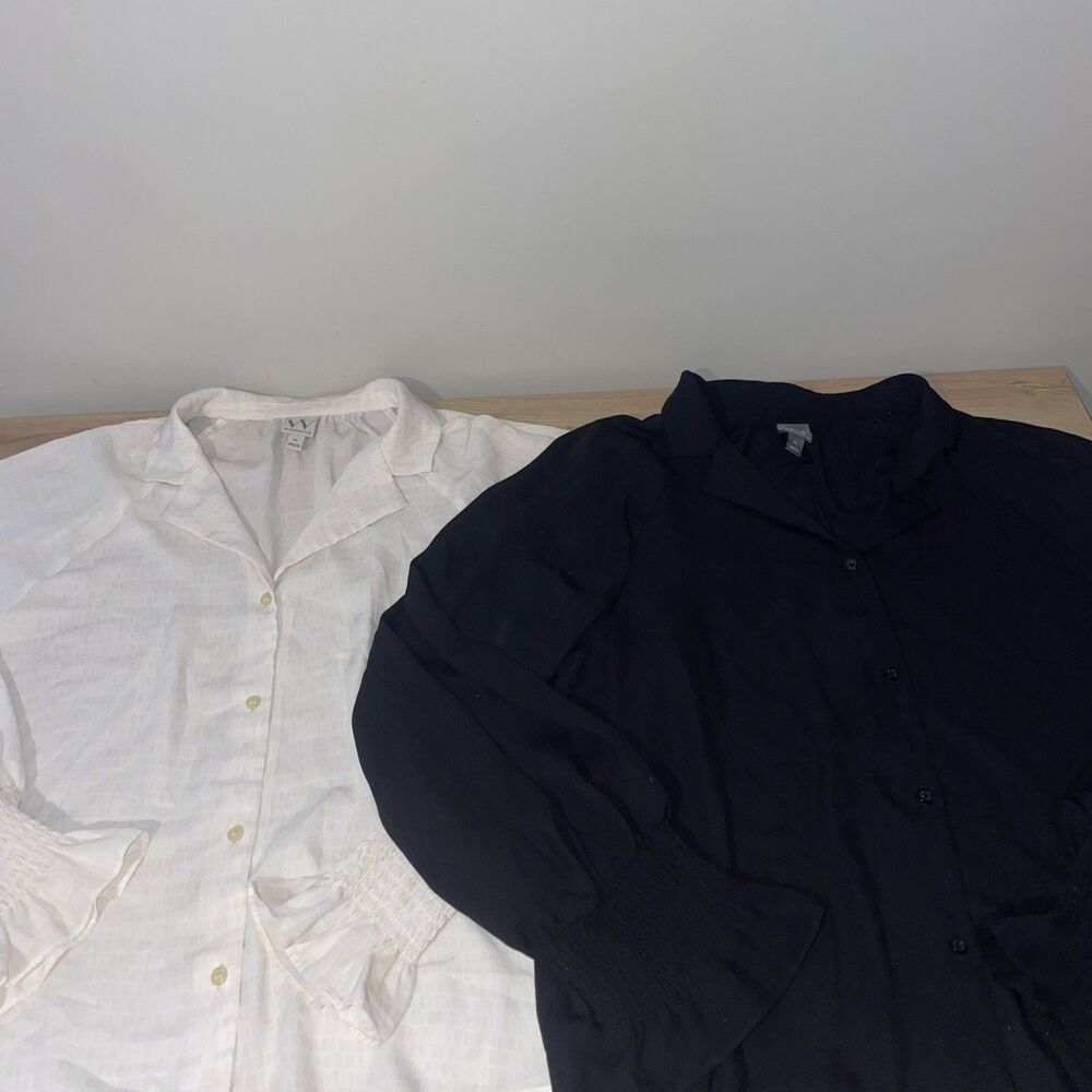 Worthington Womens XL Lot 2 Sheer Blouses Ivory Black Button Up Career Tops